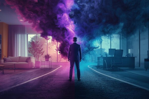 A stylised man stands between two environments - on the left, a home office, on the right, an office.