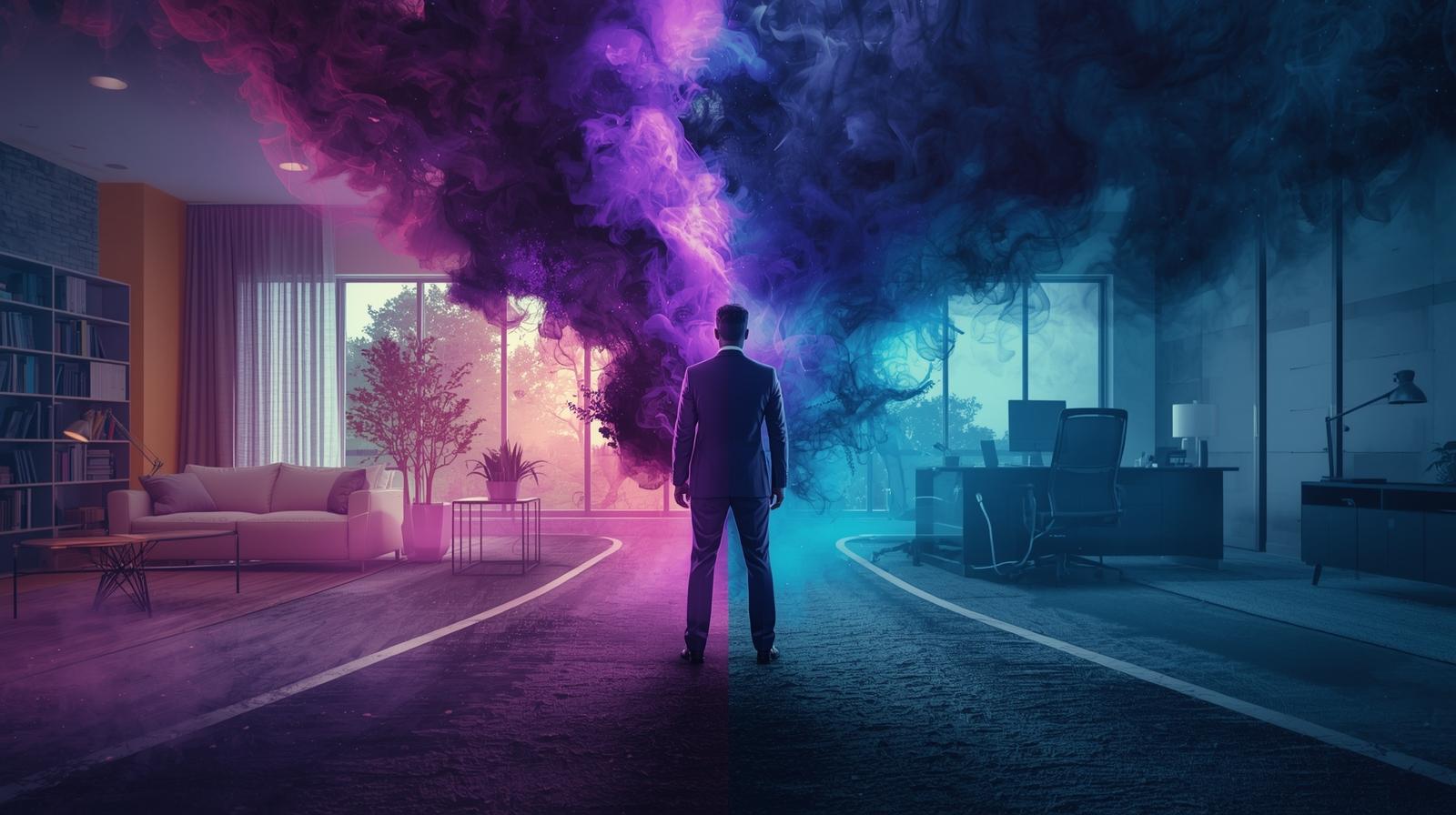 A stylised man stands between two environments - on the left, a home office, on the right, an office.