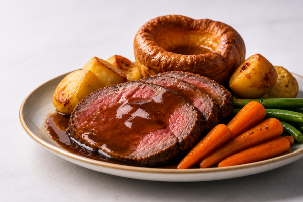 An AI generated image of a roast dinner, with very perfectly positioned gravy.