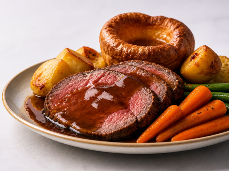 An AI generated image of a roast dinner, with very perfectly positioned gravy.
