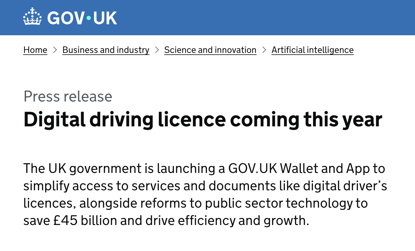 Gov press release: "Digital driving licence coming this year" from 1 January 2025
