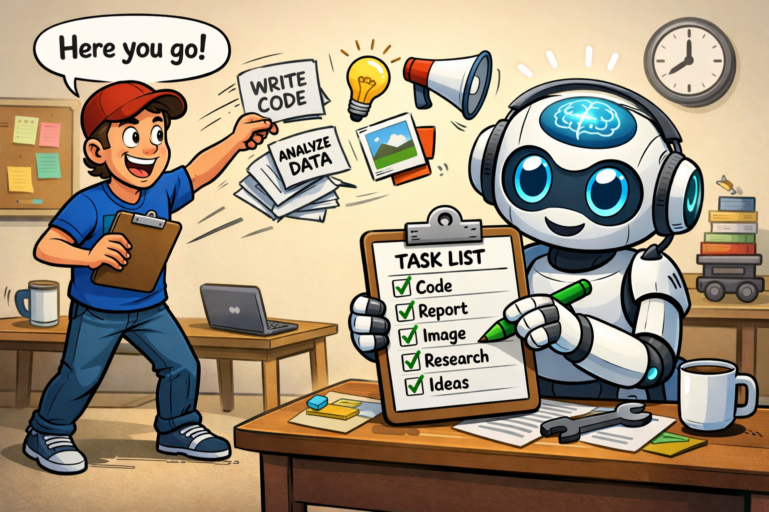 AI as a robot at a desk with a checklist of items ticked off, with "me" pointing to the sky with a new idea. 