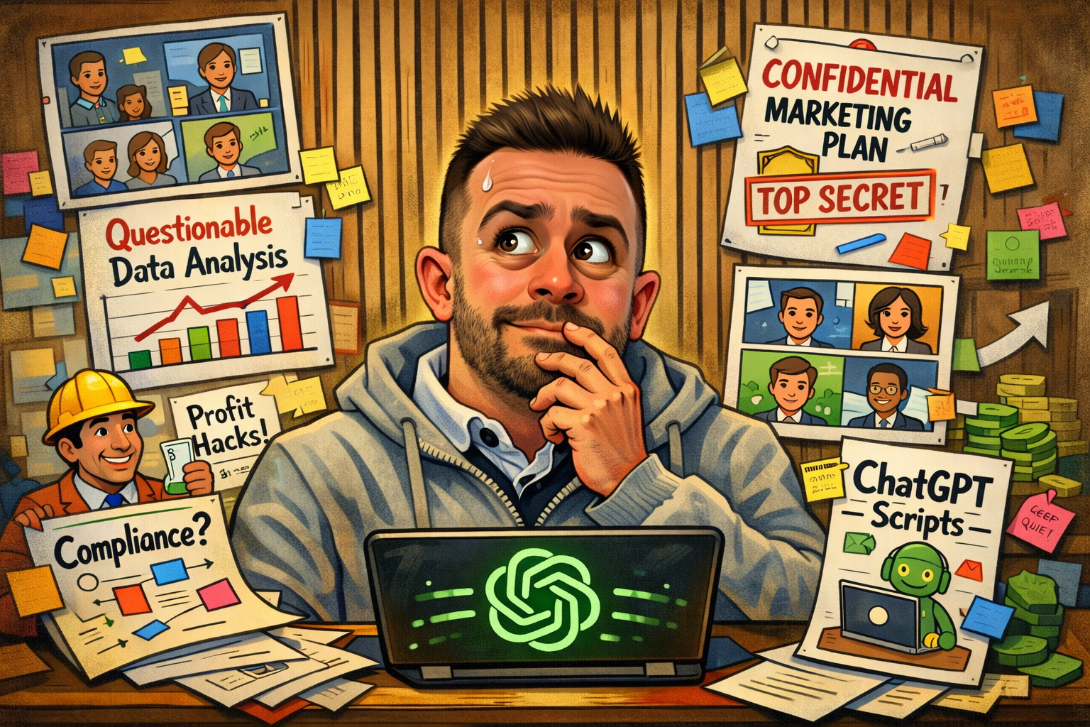 “A humorous, illustrated caricature of a man looking worried and thoughtful, with wide eyes and a hand on his chin, sitting at a desk in front of a laptop showing a ChatGPT logo. He is surrounded by exaggerated office posters and documents labelled with phrases like ‘Confidential Marketing Plan,’ ‘Questionable Data Analysis,’ ‘ChatGPT Scripts,’ and ‘Compliance?’. A thought bubble above his head reads ‘Uh-oh… Is this… too much?’, conveying anxiety about whether AI-assisted work use is becoming too obvious or inappropriate.”