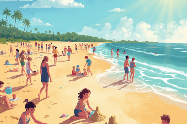 "A sunny beach scene with people relaxing on golden sand under a bright blue sky. Beachgoers are sunbathing, building sandcastles, and enjoying the ocean waves on a hot summer day. Palm trees are visible in the distance along the shoreline."