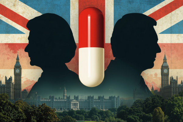 The union flag with outlines of images looking loosely like tony blair and margaret thatcher with a "pill" over the top.