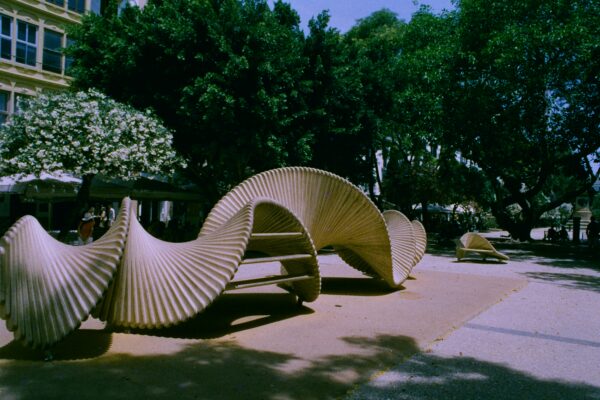 An undulating wave-form sculptural bench among flowering trees in a park at Ibiza, Spain. Shot on Harman Phoenix II 200.