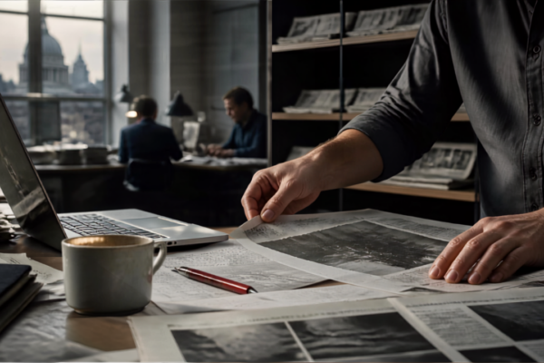 A candid newsroom scene with a journalist at a desk by a window, arranging newspapers and papers beside a laptop and coffee cup, with shelves of newspapers in the background.